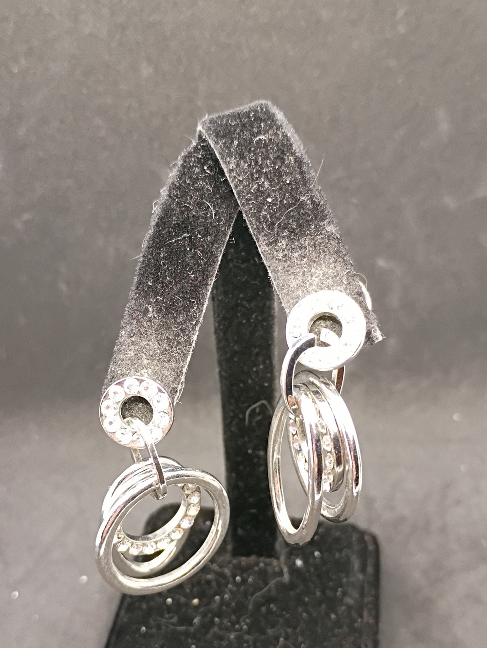 Dainty Silver-Tone Triple Hoop Drop Earrings with Crystal Rings